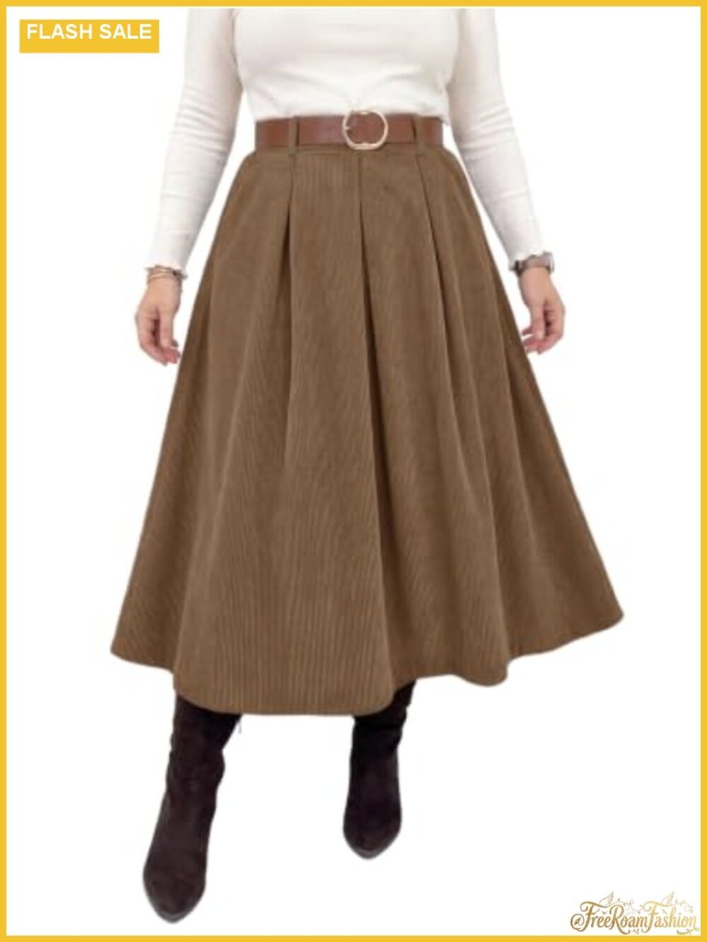 Women's Plus Size Corduroy A-Line Pleated Skirt with Pockets